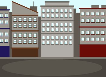 Gray city buildings and houses along road. Urban landscape vector illustration. Large high-rise buildings and dark skyscrapers. Dark cityscape with gloomy houses with windows. Town landscape architecture. Gray city buildings and gloomy houses along road. Dark cityscape, urban landscape of town