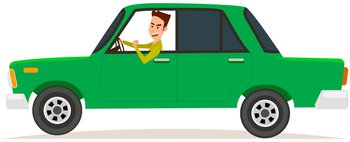Angry young man driving green car. Male character in transport isolated on white background. Guy is driving vehicle. Lada, sedan, passenger car with screaming driver flat vector illustration. Lada, sedan, passenger car with screaming driver. Angry man driving green car vector illustration