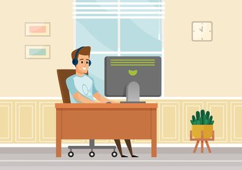 Man gamer in casual outfit and headphones sitting at home on chair and browsing or working on computer. Male character programmer works at home, freelancer at desk. Remote worker or student in room. Man in casual outfit and headphones sitting at home on chair and browsing or working on computer