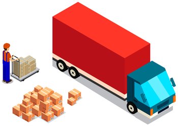 Order for delivery to customer. Online selling, e-commerce, worldwide shipping concept. Mover puts boxes with parcels into wagon. Loading car before shipping. China delivery truck vector illustration. Mover puts boxes with parcels into wagon. Loading car before shipping. China delivery truck