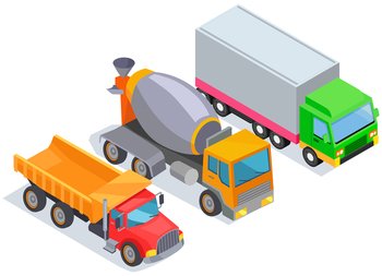 Delivery trucks for worldwide selling. Different types of transport for transporting goods. Vehicle for shipping and sales. Delivery of parcels. Concrete mixer, closed trailer truck and dump truck. Delivery trucks for worldwide selling. Different types of transport for transporting goods
