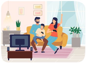 Family playing video games. Mom dad and son gaming with gamepad controller, holding joystick in hands spend time together at home. People siting on sofa in front of monitor and playing computer game. Family playing video games. Mom dad and son gaming with gamepad controller holding joystick in hands