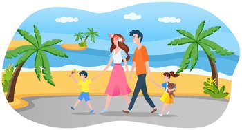Happy family on summer vacation concept. Parents couple and kids walking on beach on sand, holding hands, going to bath in sea water, enjoying leisure. For outdoor activities and summer travel. Happy family on summer vacation concept. Parents couple and kids walking on beach on sand together