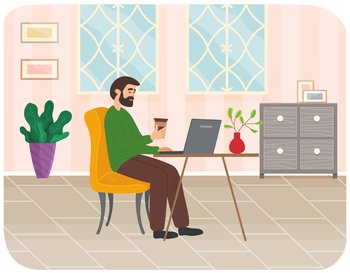 Bearded man with coffee sitting at table in room and correspondence surfing Internet. Male character communicating through network on laptop. Freelance, work from home and home office concept. Bearded man with coffee sitting at table in room and correspondence surfing Internet work from home