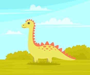 Little Dragon yellow cute cartoon character. Funny ancient animal in green meadow flat vector icon. Small spotted dinosaur stands on grass near trees on horizon and blue clear sky. Baby reptile. Little Dragon yellow cute cartoon character. Funny ancient animal in green meadow flat vector icon