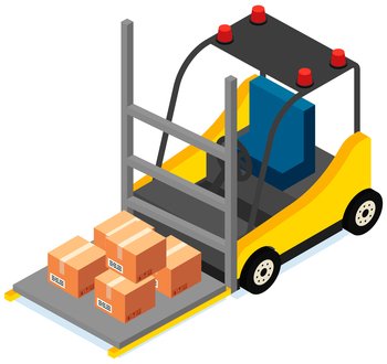 Forklift without driver vector illustration, carriage of cardboard boxes with gift inside. Forklift machine for loading, unloading packages. Yellow industrial truck, storage warehouse equipment. Forklift without driver vector illustration, carriage of cardboard boxes with gift inside
