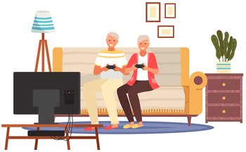 Elderly people sitting on couch and holding joysticks in their hands. Old people with technology. Family plays game on TV screen in living room interior. Grandparents spend time together have fun. Elderly people sitting on couch and holding joysticks in their hands. Old people with technology