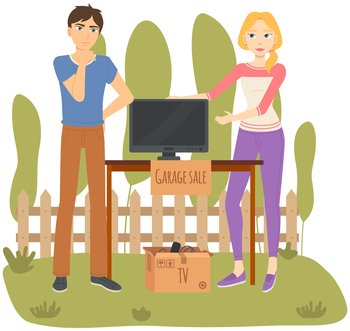 Family is selling television at garage sales in sunny day. Event for sale of used things for low price in backyard. Free time outdoor activity event vector illustration. Discounts on non-new items. Family is selling television at garage sales. Event for sale of used things for low price