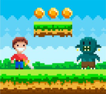 Brave man with steel sword fighting against pixel monster. Zombie attacks human, apocalypse. Meadow and nature landscape pixelated video-game. Pixel-game 8 bit retro. Soldier personage defeats enemy. Brave man with steel sword fighting against monster. Zombie attacks human, apocalypse in pixel game