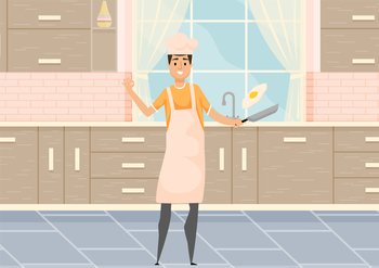 Young man cooking breakfast in kitchen. Household activity, housekeeping, everyday duties and chores, hobby. Man wearing an apron and chef s hat in cook room stands near table and fries eggs in pan. Young man cooking breakfast in kitchen. Household activity, housekeeping, everyday duties, hobby