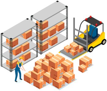 Forklift lifts boxes on special device illustration, carries cardboard box with gift inside. Forklift machine for loading, unloading packages. Yellow industrial truck, storage warehouse equipment. Forklift lifts boxes on special device. Machine for loading in warehouse for storing parcels