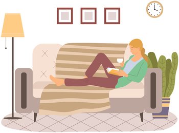 Young woman lying on couch and reading book. Lady studying textbook. Person spends time and rests in apartment with paper book and cup of hot drink. Female character is reading literature at home. Woman lying on couch and reading book. Female character with literature and cup of drink at home