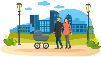 Young parents strolling in park with gray baby stroller. Dad rolls stroller with newborn, wife holds arm of husband. Family walking in park. Mom and dad on background of city with modern buildings. Family with baby stroller on background of city with modern buildings. Parents strolling in park