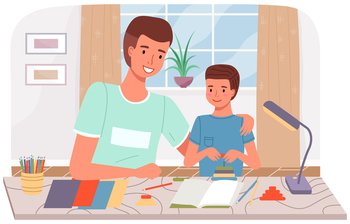 DIY activity for father and son. Dad and kid spend quality time together. Creative family pastime. Family makes paper crafts, glues and cuts with scissors. Parent with child spends time creatively. DIY activity for father and son. Dad and kid spend quality time together. Creative family pastime