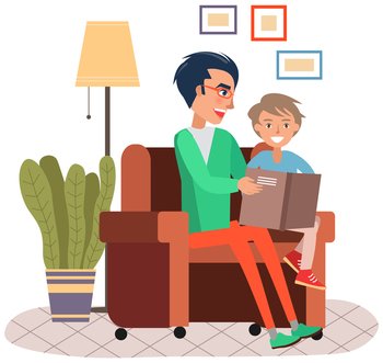 Dad tells fairy tales to his son. Father reads book to child on couch. Family spends time together before bed. Parent and child are reading literature sitting in living room. Male characters with book. Dad tells fairy tales to his son. Father reads book to child on couch before going to bed