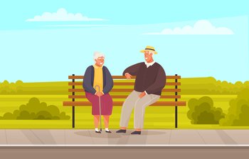 Old woman and man are resting and sitting on bench in park. Grandmother with cane smiling at man in hat. Rendezvous of retirees from nursing home. Elderly people spend time talking together outdoors. Elderly people spend time talking together outdoors resting and sitting on bench in city park