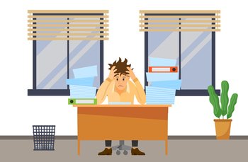 Stressed overworked man in pile of office papers and documents trying to finish work on time. Stress and deadline at work. Male office employee is working with documents to deal with deadlines. Stressed overworked man in office trying to finish work. Office employee working with documents