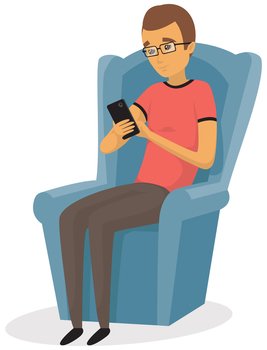Man uses smartphone while sitting on chair. Internet surfing or reading article. Guy looks at screen of mobile device with application. Male character with glasses uses mobile app on phone. Male character with glasses uses mobile app on phone. Guy looks at screen of his smartphone