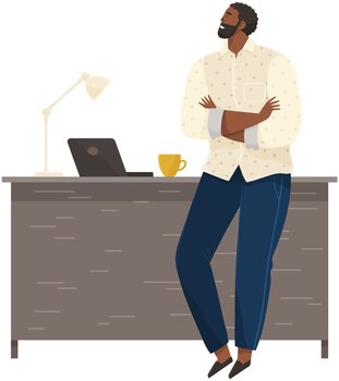 Office worker standing next to table with laptop. Businessman or clerk working at his office workplace. Smiling man enterpreneur resting during break in working day, thinking about something. Office worker standing next to table with laptop. Man enterpreneur resting during working day