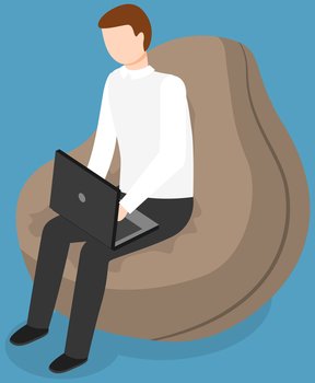 Man is holding computer device typing on keyboard. Guy sitting with laptop in hands looks at monitor. Male character watching video or movie. Job freelance, student at online learning, remote worker,. Man is holding computer device typing on keyboard. Guy sitting in bag chair with laptop in hands