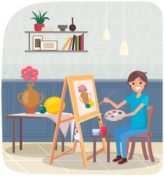 Man drawing still life picture of vase and fruits. Male artist with brushes holding palette in hands. Art, painting, drawing on canvas. Smiling guy engaged in creativity creates still life picture. Guy engaged in creativity creates still life picture. Man drawing vase and fruits on canvas