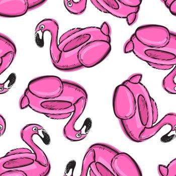Seamless pattern with inflatable pink flamingo. Swim ring. Summer print, sticker, badge, fashion patch on fabric. Vector illustration.. Seamless pattern with inflatable pink flamingo. Swim ring. Summer print, sticker, badge, fashion patch on fabric. Vector illustration