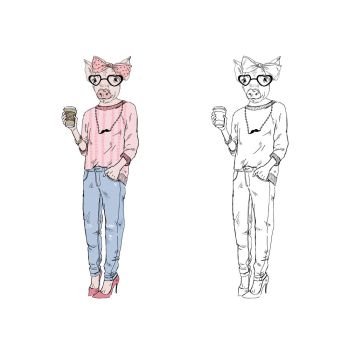 piggy girl hipster with coffee, anthropomorphic animal illustration. animal dressed up  in, anthropomorphic animal illustration