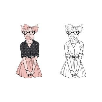piggy girl dressed up in hipster style, anthropomorphic animal illustration. animal dressed up  in, anthropomorphic animal illustration