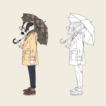 badger dressed up in raincoat with umbrella, furry art illustration, fashion animals