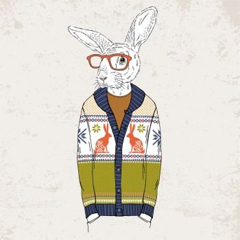 bunny dressed up in jacquard pullover, anthropomorphic illustration, fashion animals