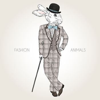 rabbit dressed up in retro style, fashion animal illustration. rabbit boy hipster, fashion animal illustration