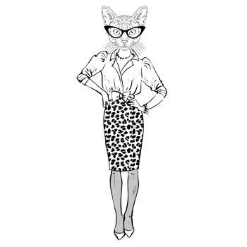 cat lady woman, furry art illustration, fashion animals