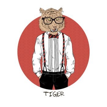 tiger dressed up in party style, Chinese horoscope, anthropomorphic illustration