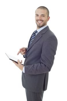 happy businessman working with a tablet pc, isolated