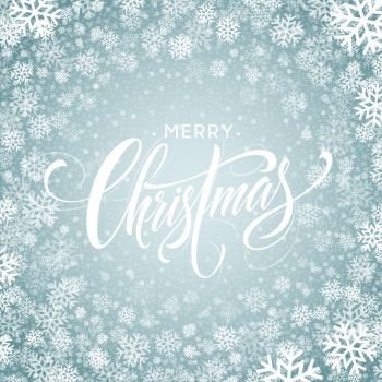 Merry Christmas hand drawn lettering in snowflakes frame. Xmas icy calligraphy. Christmas frozen lettering in snowfall. Xmas isolated calligraphy in round frame. Banner, poster winter design. Vector. Merry Christmas hand drawn lettering in snowflakes frame