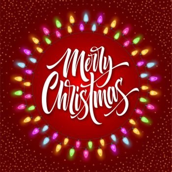 Merry Christmas lettering in gerland circle frame. Xmas calligraphy with glowing lights and snow. Christmas greeting on red background. Postcard, poster, banner design. Isolated vector. Merry Christmas lettering in gerland circle frame