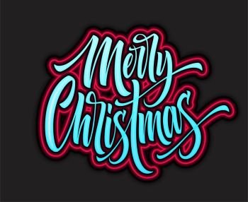 Merry Christmas hand lettering with neon outline. Xmas calligraphic greeting. Merry Christmas blue lettering with pink neon glowing. Banner, signboard, poster design element. Isolated vector. Merry Christmas hand lettering with neon outline
