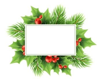 Christmas greeting card vector template. Realistic holly tree branch, red berries, fir twig and text frame. Xmas holly decoration. Christmas plants. Postcard, poster, banner design. Christmas greeting card vector template