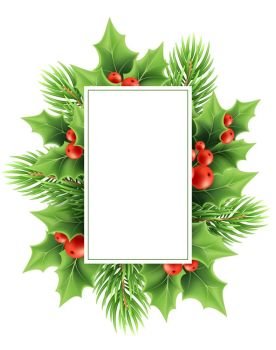Christmas greeting card vector template. Realistic holly tree branch, red berries, fir twig and text frame. Xmas holly decoration. Christmas plants. Postcard, poster, greeting card design. Christmas greeting card vector template