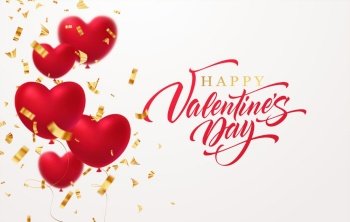 Red glittering heart shape balloons with gold glittering confetti inscription Happy Valentines Day isolated on white backgroundVector illustration EPS10. Red glittering heart shape balloons with gold glittering confetti inscription Happy Valentines Day isolated on white backgroundVector illustration