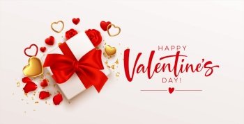 Valentines day design template with gift box with red bow, gold and red hearts on white background. Vector illustration EPS10. Valentines day design template with gift box with red bow, gold and red hearts on white background. Vector illustration