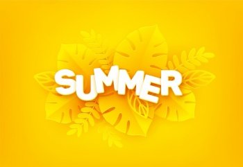 Bright yellow summer background. The inscription Summer surrounded by paper cut tropical palm leaves on a yellow background. Vector illustration EPS10. Bright yellow summer background. The inscription Summer surrounded by paper cut tropical palm leaves on a yellow background. Vector illustration