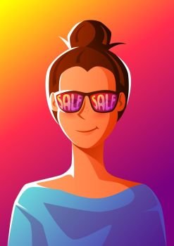 Cute girl in sunglasses with sale. Illustration of young woman character.. Cute girl in sunglasses with sale.