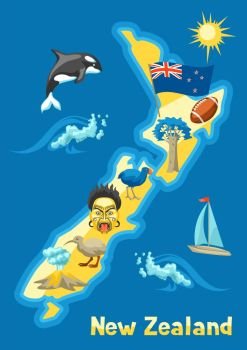 Illustration of New Zealand map. Oceanian traditional symbols and attractions.. Illustration of New Zealand map.