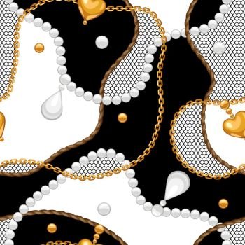 Seamless pattern with golden chains and lace. Vintage luxury precious background.. Seamless pattern with golden chains and lace.