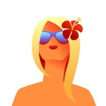 Blonde girl in sunglasses. Beautiful tanned blond woman with flower.. Blonde girl in sunglasses.
