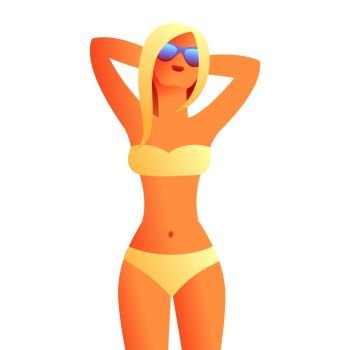 Girl in bikini on beach. Beautiful tanned blond woman in sunglasses.. Girl in bikini on beach.