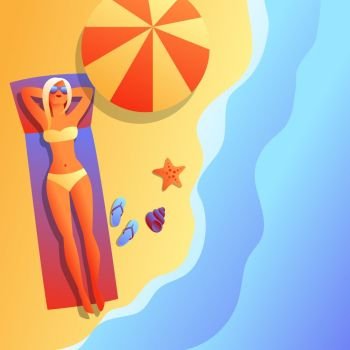 Girl in bikini sunbath and relax. Beautiful tanned blond woman in sunglasses on beach.. Girl in bikini sunbath and relax.