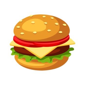 Illustration of stylized hamburger or cheeseburger. Fast food meal. Isolated on white background.. Illustration of stylized hamburger or cheeseburger.