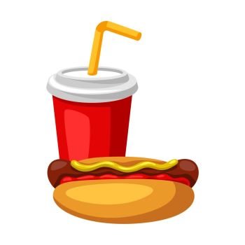 Illustration with fast food meal. Soda and hot dog. Tasty fastfood lunch products.. Illustration with fast food meal. Soda and hot dog.